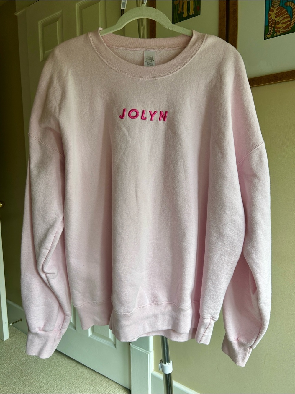 Women’s JOLYN Clothing Light Pink Crewneck Sweatshirt with Hot Pink Logo. XL